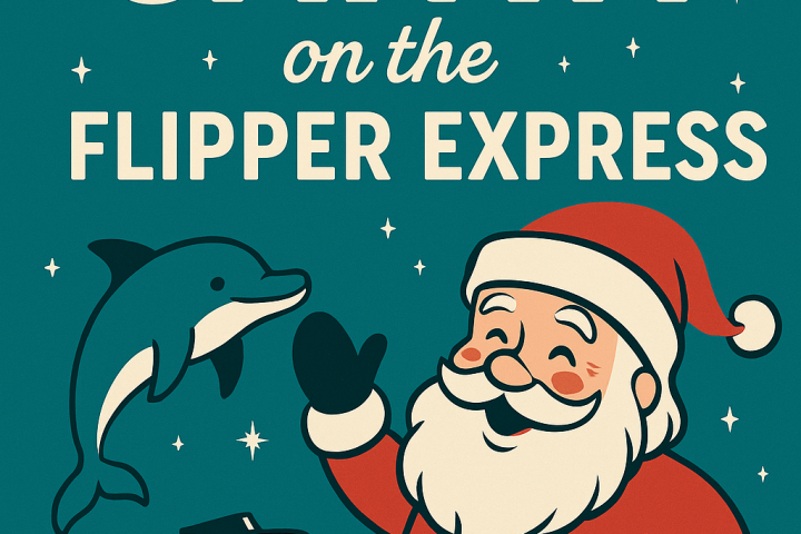 Santa Claus with dolphin and boat labeled 'Flipper Express' with stars on teal background.