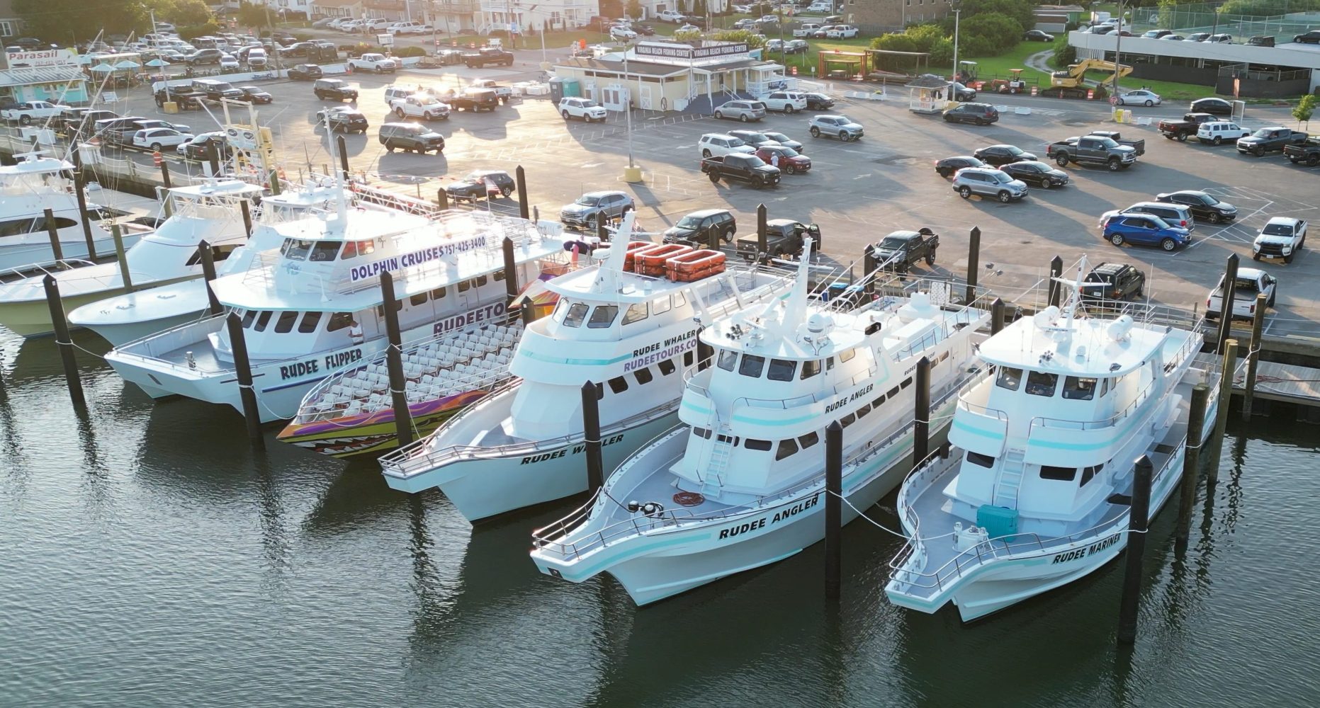 Our fleet of boats docked at the Virginia Beach Fishing Center.